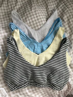 wild fable striped bralette set in gray, blue, yellow, and olive